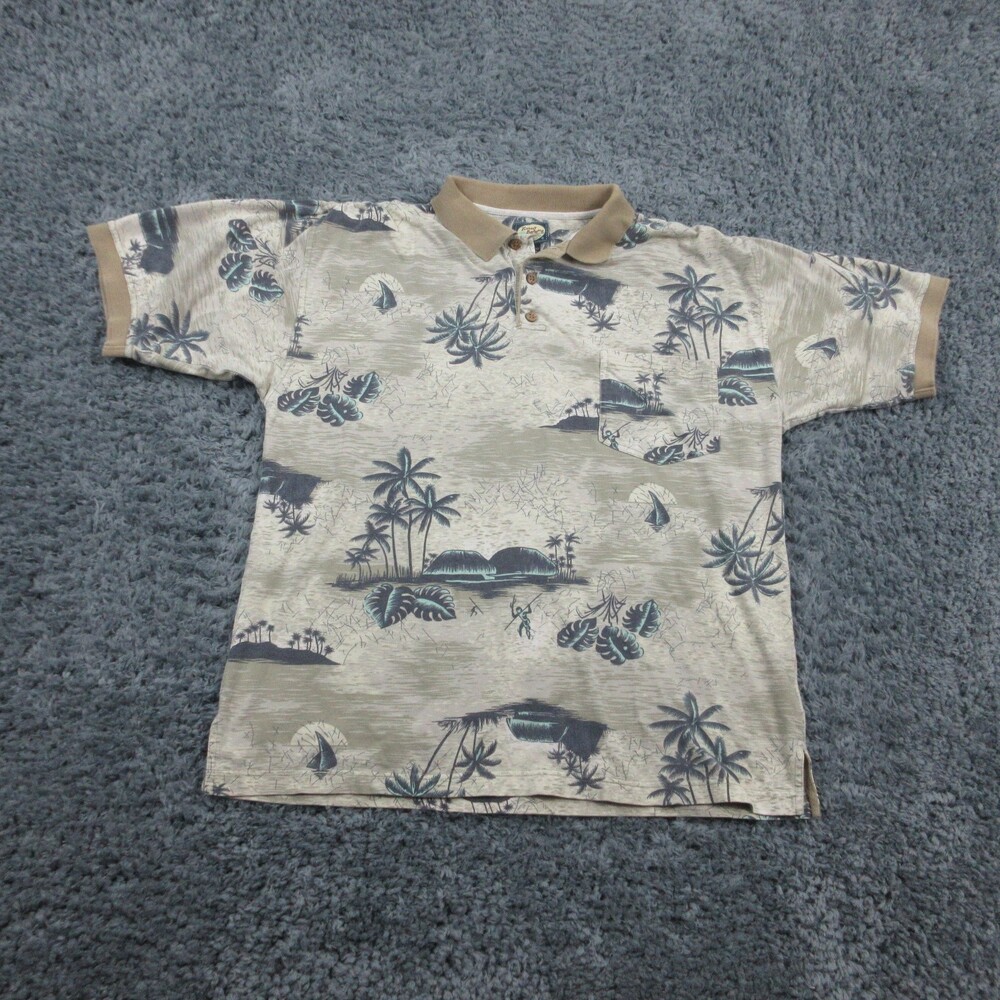 Tommy Bahama Shirt Mens XL Tan Blue Palm Tree Polo Island Print Pocket Cotton